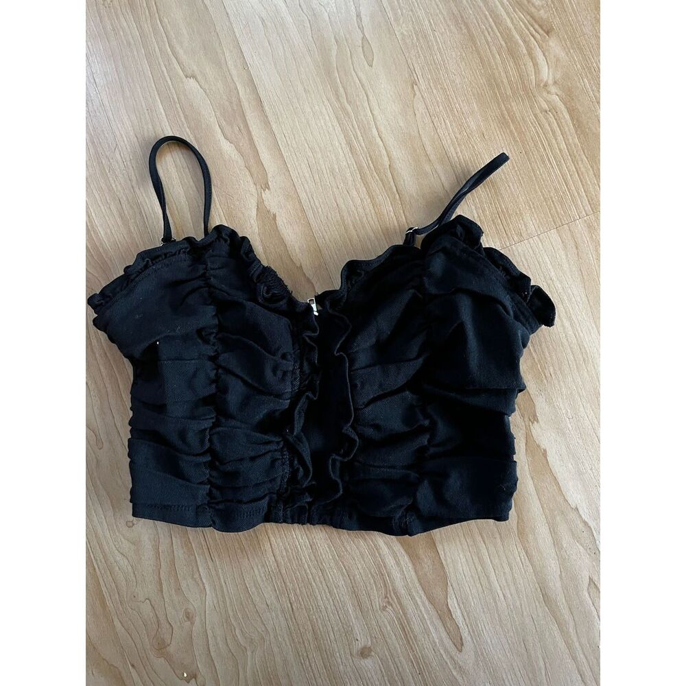 cottagecore ruffle ruffly fitted black crop top blashe size large